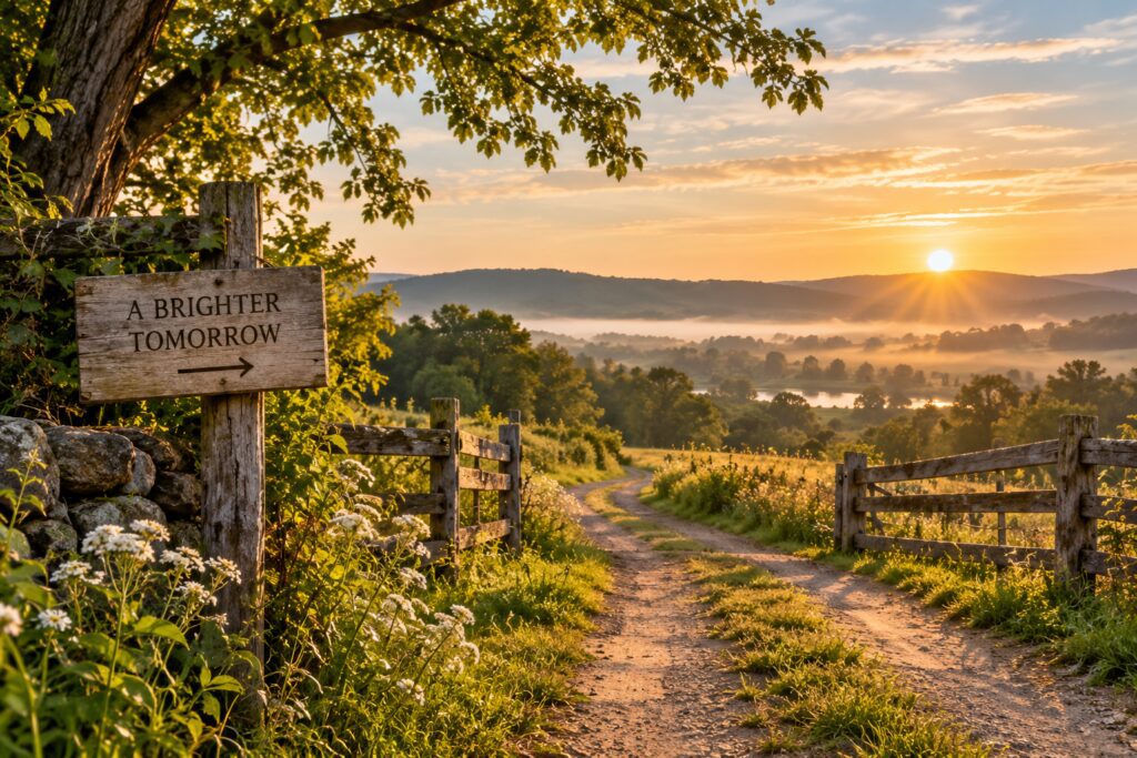 A country road leading toward a sunrise with a sign pointing toward a brighter tomorrow.