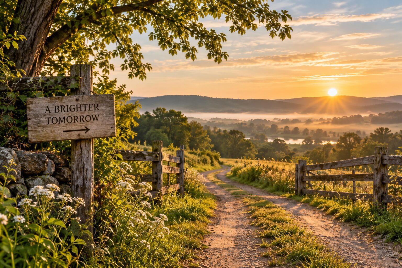 A country road leading toward a sunrise with a sign pointing toward a brighter tomorrow.